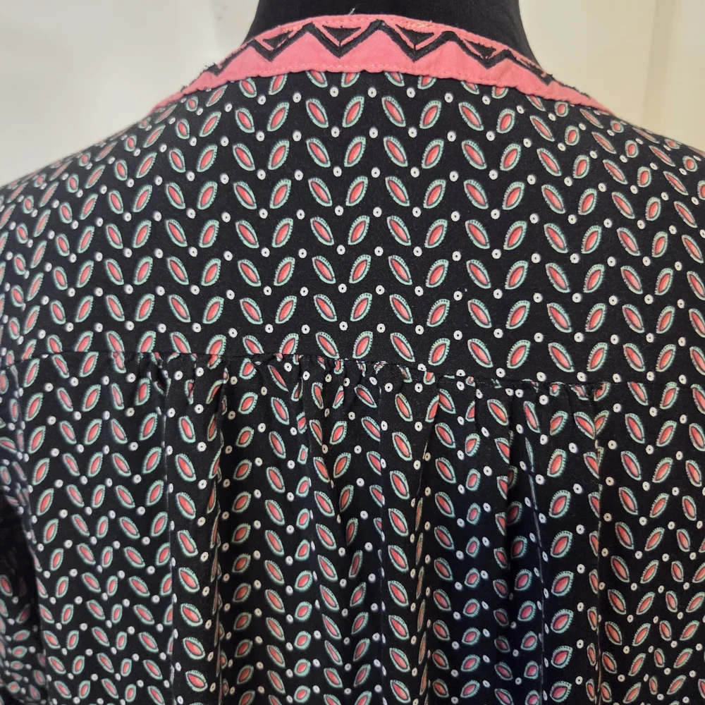 Umgee Boho Black Printed Dress Pink Trim Colorblock V Neck Embroidered Sleeves - Picture 6 of 16